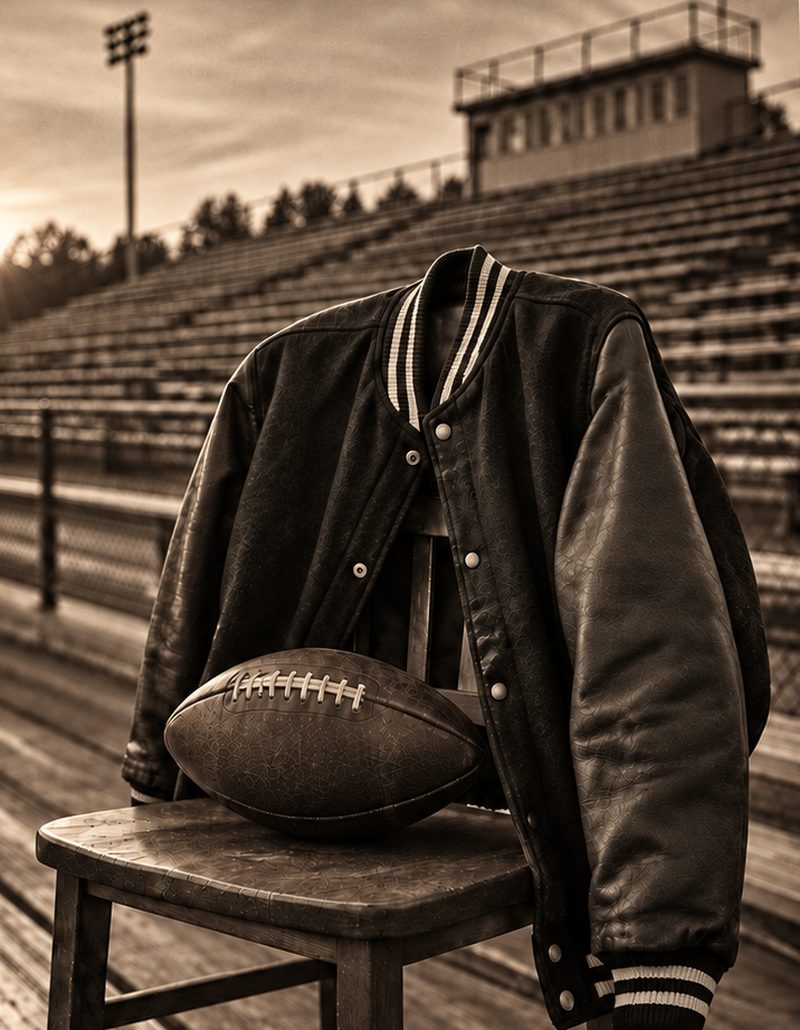 A letterman jacket draped over a chair on empty bleachers, a worn football beside it.